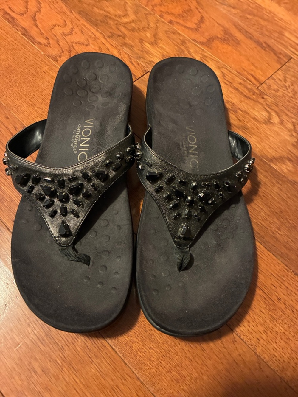 Vionic Black Jeweled Thong Orthaheel Sandal Flip Flops size 9 Orthotic Amber